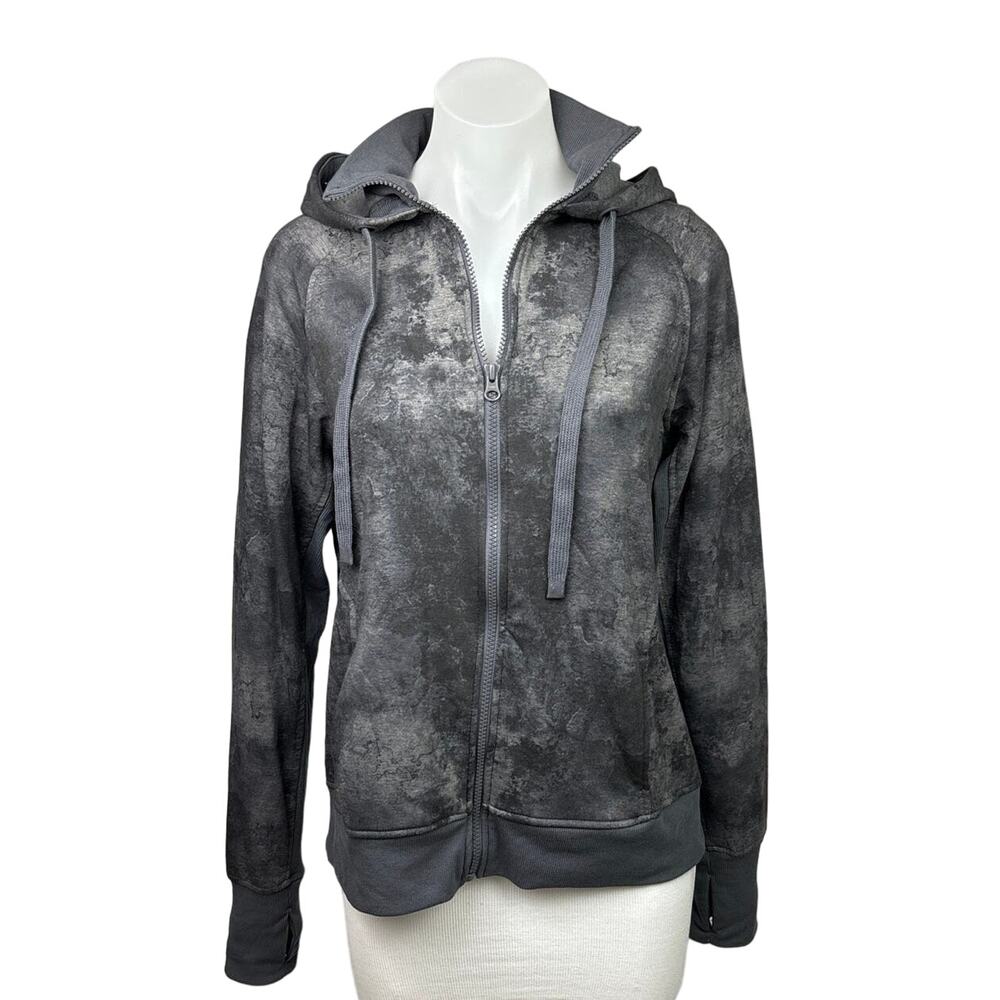Danskin Grey Tie Dye Marble Print Collar Zip Hooded Athletic Jacket Sweater Top